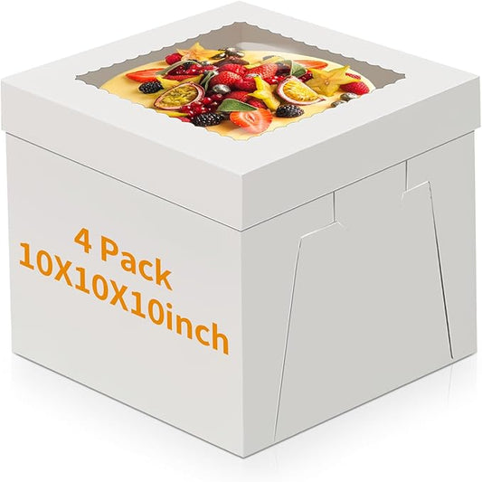 WINKIO 4 Pack Cake Boxes, Disposable Cake Transport Container, White Bakery Boxes with Large Window, for Cookies Pies Cupcakes Pastry (10×10×10 inches)
