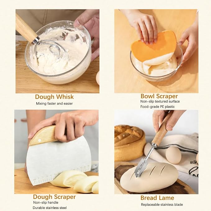 Sourdough Bread Starter Kit with 2 Banneton Proofing Baskets, 34oz Starter Jar, Dough Whisk, Scrapers, Bread Lame, Mat, Sling, Flour Duster & More – Sourdough Tools & Accessories Set