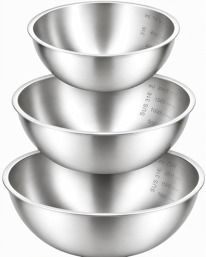 Stainless Steel Mixing Bowls Set of 3, 1.5/2.5/4 Qt Metal Mixing Bowl Set for Baking, Salad, Cooking & Meal Prep, Nesting Stainless Steel Bowls with Measurement Marks, Dishwasher Safe