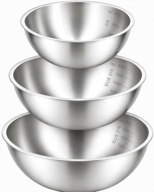 Stainless Steel Mixing Bowls Set of 3, 1.5/2.5/4 Qt Metal Mixing Bowl Set for Baking, Salad, Cooking & Meal Prep, Nesting Stainless Steel Bowls with Measurement Marks, Dishwasher Safe
