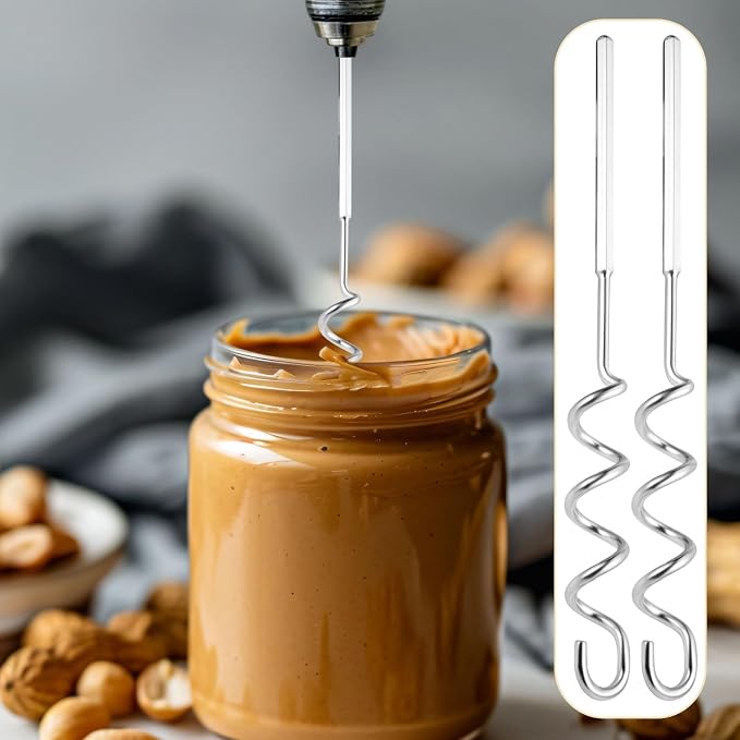 2pcs Peanut Butter Stirrers, 30cm/11.8in Stainless Steel Nut Butter Mixer Tool Drill Hand Mixers and Drills Accessory for Mixing Various Almond Peanut & Jam(Silver)