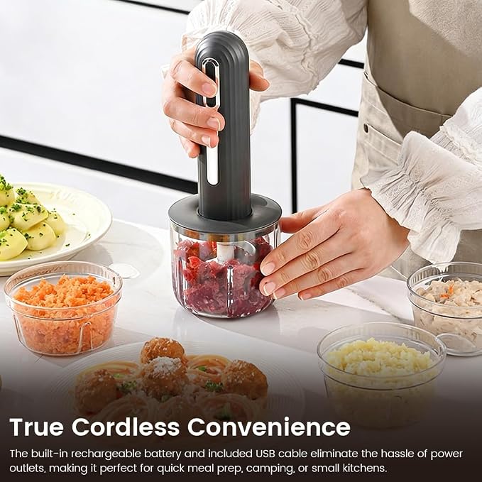 Wireless Electric Food Processor, 4-Cup Portable Food Chopper for Vegetables Meat Garlic, USB Rechargeable Mini Blender with Stainless Steel Blades