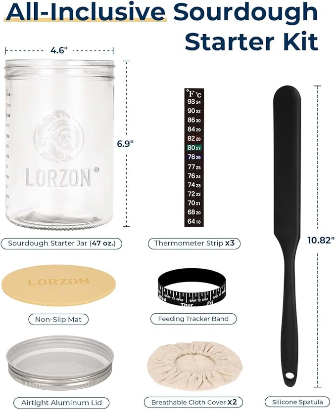 Lorzon Sourdough Starter Jar Kit - 47 oz Large Wide Mouth Bread Starter Jar with Feeding Tracking Band, Silicone Spatula, Sourdough Bread Baking Supplies