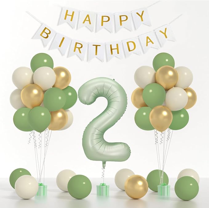 Sage 2nd Birthday Decorations For Boy -12 Inch Sage Balloons, 40 Inch 2 Balloon,, Happy Birthday Banner for Two Year Old BD Party Decorations