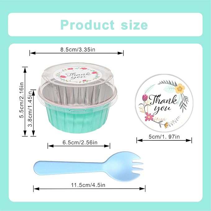 100 PCS Mini Cake Pans with Lids and 100 PCS Spoons,Aluminium Foil Baking Cups, 5 oz Disposable Baking Cups Foil Ramekins For Party Birthday Wedding Valentines (cyan blue)