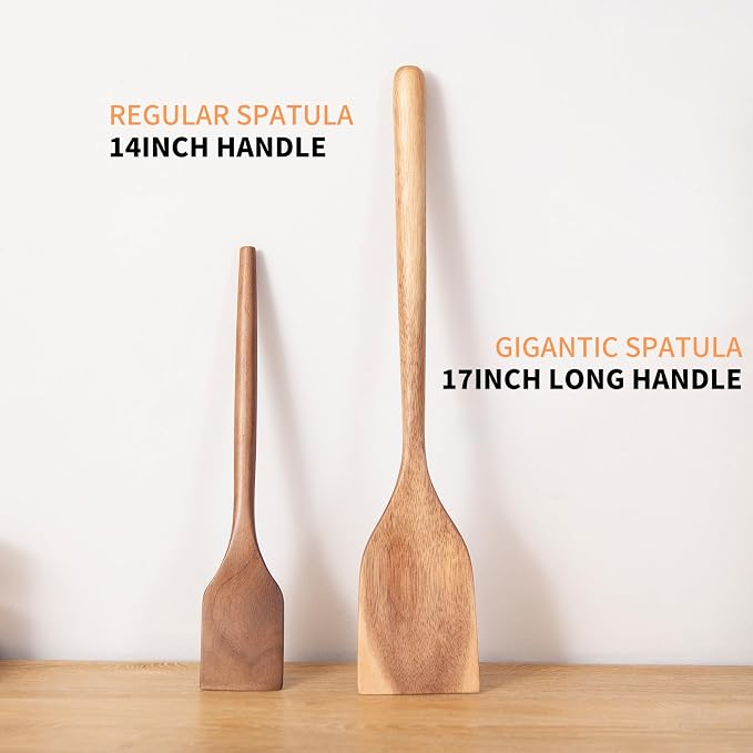2PCS Long Handle Gigantic Spatula Spoon Premium Acacia Wooden Spoons For Cooking 17''Large Soliod Wooden Cooking Spoons Smooth Finish in Large Style Cooking Kitchen Utensil Set