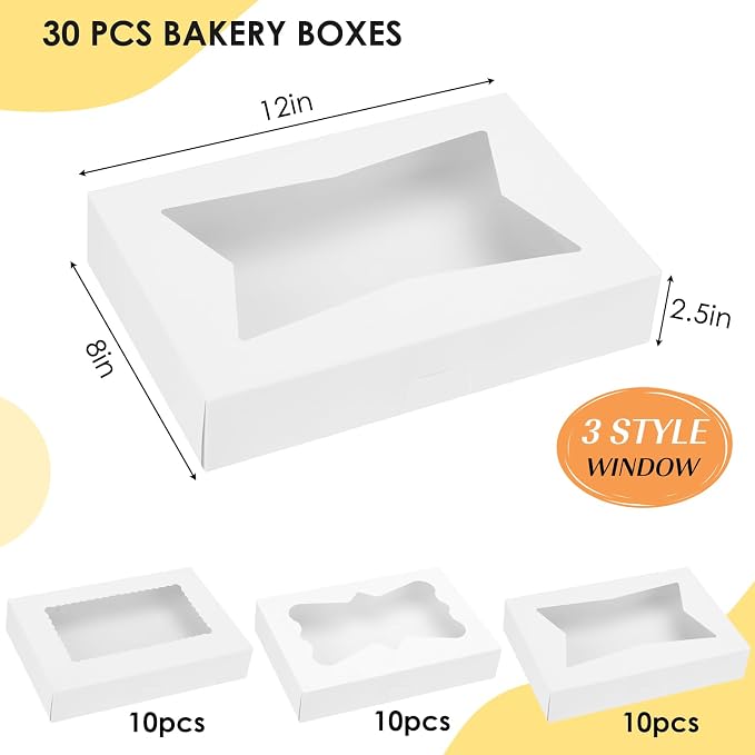 Moretoes 30pcs Auto-Popup Cookie Boxes, 12x8x2.5 Inches Bakery Boxes with 3 Style Windows for Chocolate Covered Strawberries, Donuts, Pastries,Cake Pops