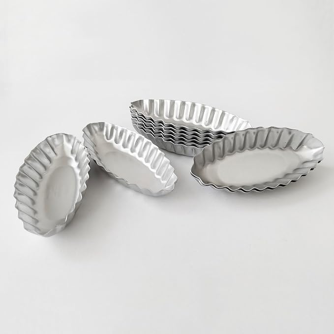 Tiny Tart Pan Boat Shape, 10PCS Egg Tart Mold Fluted Edge, Wave Flower Aluminum Baking Tool, Reusable Dessert Tray for Small Tartlets, Quiches
