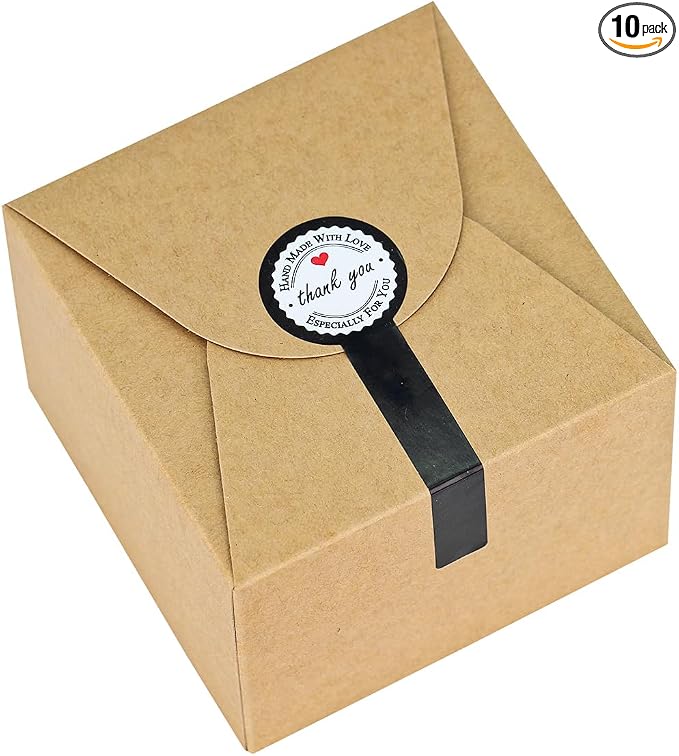 WEWILUCK Brown Gift Box with Stickers, 10 Pack Small Cute Boxes for Gifts, Candy, Cookie, Chocolate, Craft, Candle, Party, Birthday and More(4.75” x 4.75” x 3.53”)