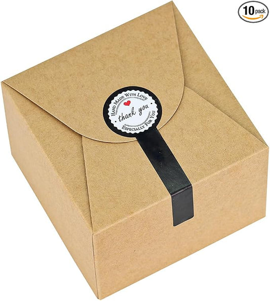 WEWILUCK Brown Gift Box with Stickers, 10 Pack Small Cute Boxes for Gifts, Candy, Cookie, Chocolate, Craft, Candle, Party, Birthday and More(4.75” x 4.75” x 3.53”)