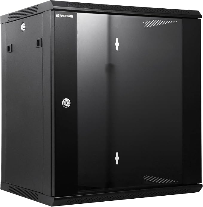 RackPath 12U Wall Mount Network Rack Cabinet – Quiet Cooling Fan, Locking Glass Door, 17.7" Deep (450mm), Removable Locking Side Panels, Fits 19" IT & A/V Equipment