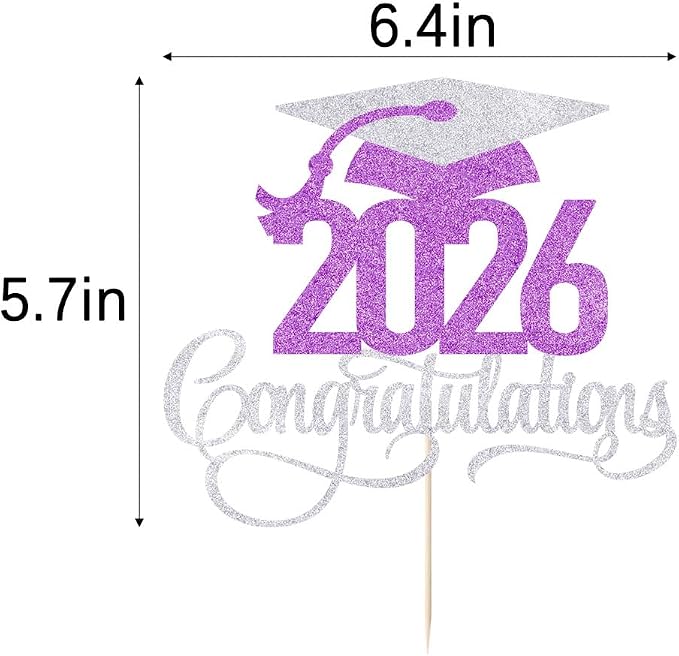 Silver Purple 2026 Congratulations Graduation Cake Topper,Congrats Grad Cake Decor - 2026 High School/College/Senior Graduation Party Decorations Supplies