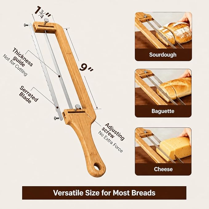 Adjustable Bread Knife for Homemade Bread - Bread Slicer with 1/2-inch and 1-inch Thickness Guides - 17 inch Bread Cutter-Bow Design （Natural Red Wood）