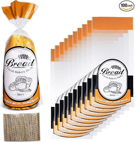 Plastic Bread Bags with Ties, 100 Pack Clear Loaf Bag for Homemade Bread - 9.8 * 18 * 3 inch (Orange)