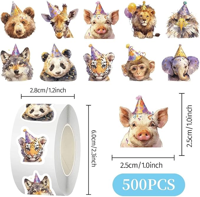 Jungle Safari Animal Birthday Stickers Roll, 500PCS 1inch Cute Party Hat Zoo Animal Stickers Jungle Themed Party Favors Envelope Seals Scrapbooking Birthday Decorations
