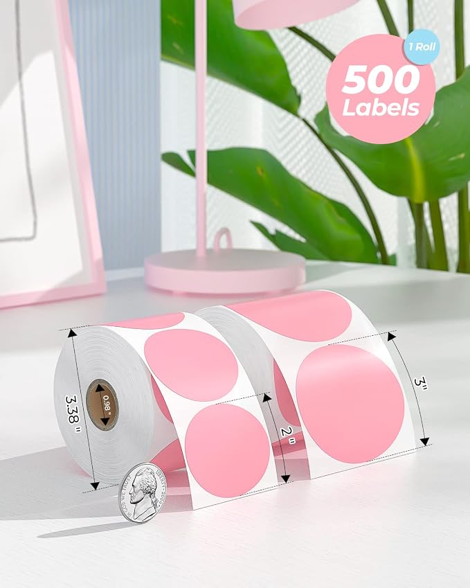 MUNBYN 3 Inch Pink Circle Thermal Sticker Labels, Multi-Purpose Self-Adhesive Round Direct Thermal Labels for Business, 500 Sheets/1 Roll