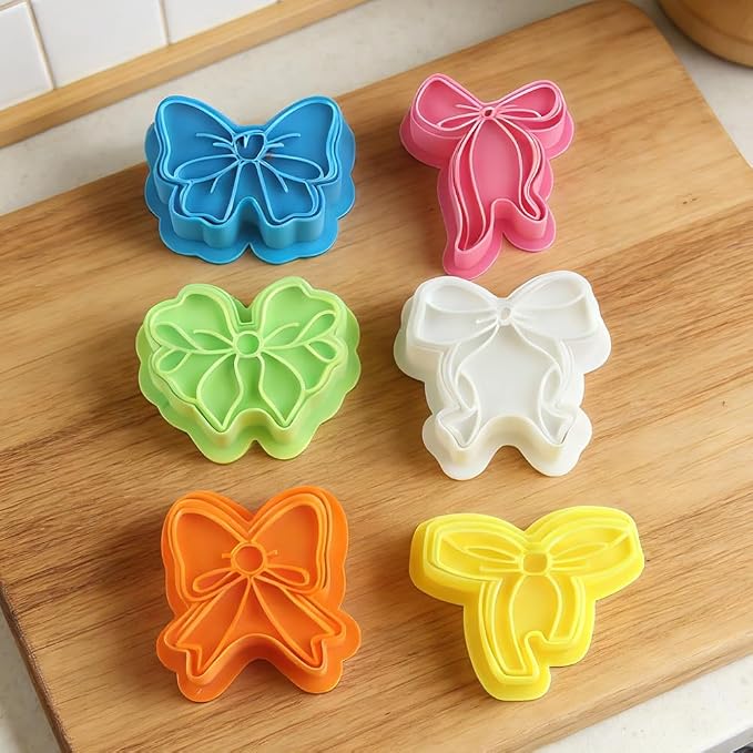 6Pcs 3D Bow Cookie Cutter Set Cute Cookie Cutters and Stamps for Baking Cookies Wedding Bow Fondant Cutters Birthday Cookies Making Supplies for Cupcakes Dessert DIY Craft Baking Biscuit Cutter