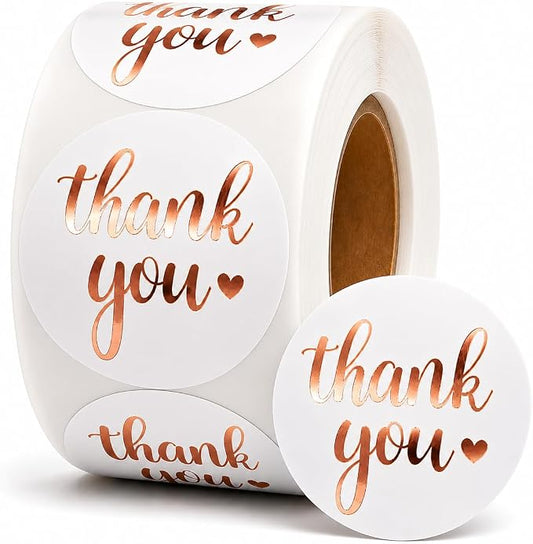 White Rose Gold Thank You Stickers roll, 500 Labels Roll, 1.5 Inch Round Self Adhesive Stickers for Packaging, Envelopes, Bags, Boxes & Wedding Favors