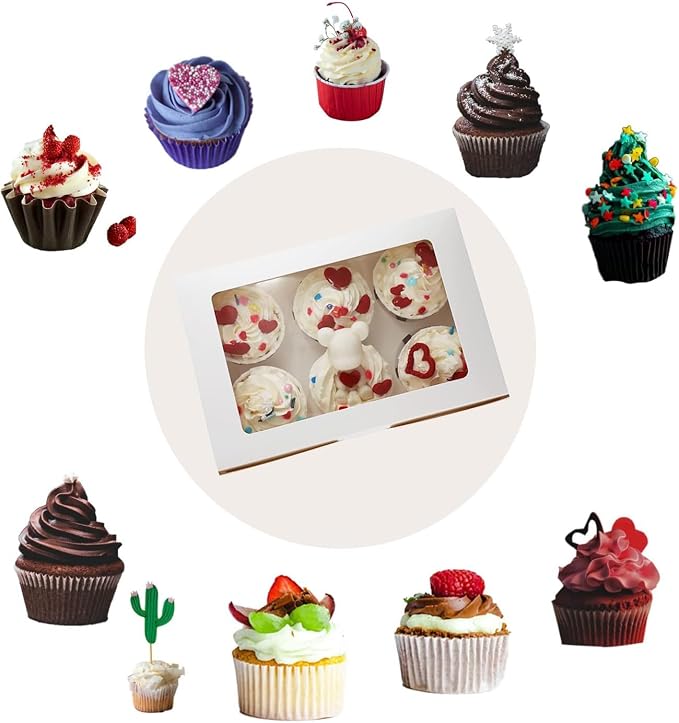 50 Pack Cupcake Boxes Bulk with Clear Display Window Hold 6 Standard Cupcakes, Disposable Food Grade White Cupcake Carrier Cupcake Container, Perfect for Cupcakes Muffins Cookies Pastries