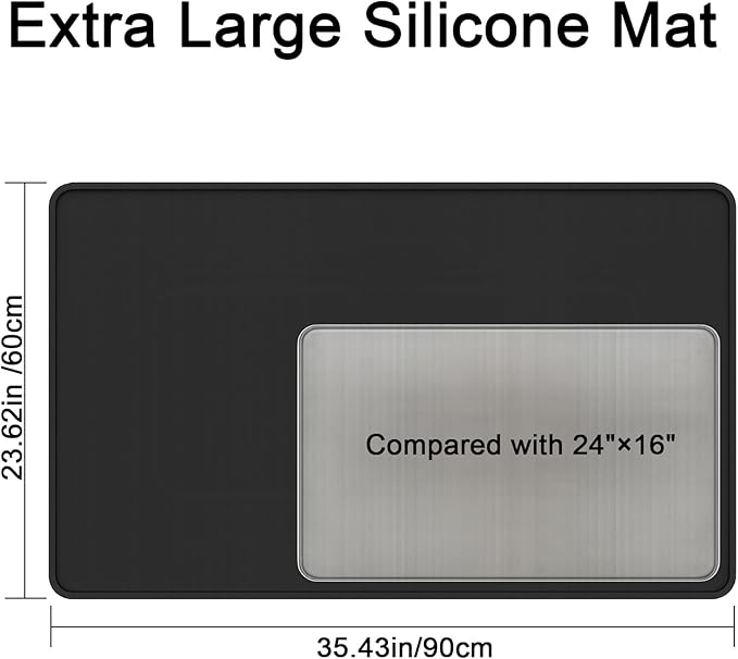 Silicone Mat 35.4"x23.6" Silicone Mats for Kitchen Counter Heat Resistant Mats for Countertop, Countertop Protector Mat, Edge Heightening Nonstick Waterproof Multipurpose Table Mat (Black)