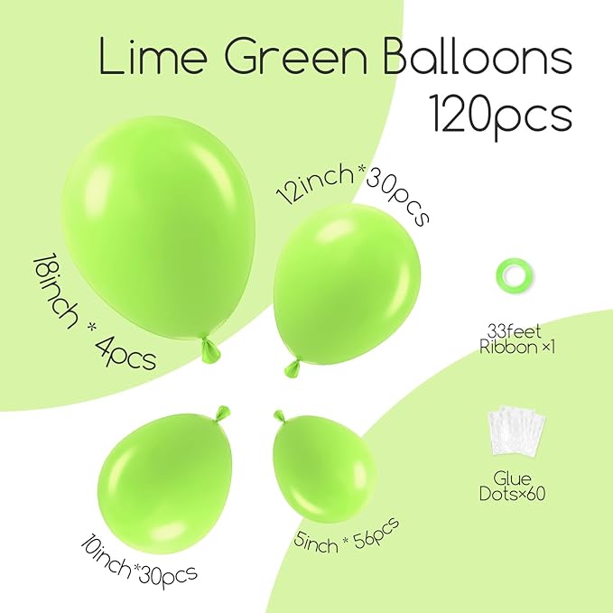 120pcs Lime Green Balloons, 18 12 10 5 inch Lime Green Balloons Different Sizes Balloon Arch for Dinosaur Baby Shower Birthday Party Decorations