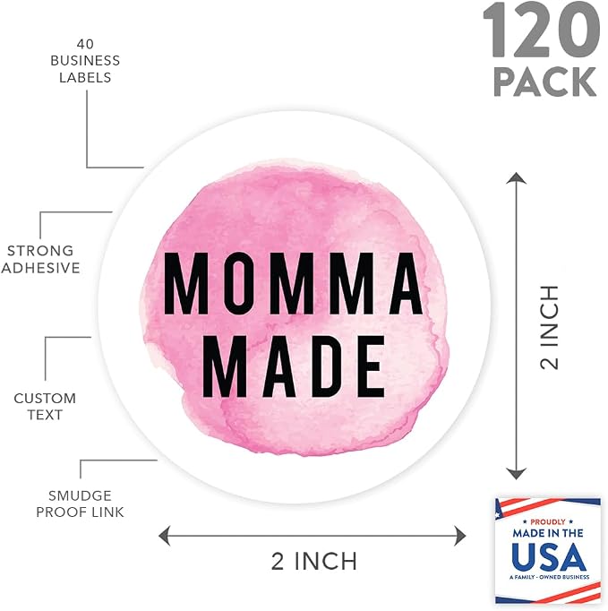 Andaz Press Round Small Business Sticker Labels, 120-Pack, Watercolor Pink Momma Made, Handmade Stickers for Packaging, Product Labels for Small Business, Business Thank You Stickers
