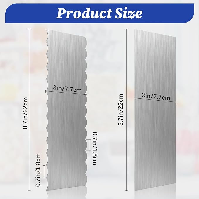 2 Pack Stainless Steel Cake Scraper, 8.6-inch Double Sided Patterned Edge Stripe Edge Smoother Scraper Cake Decorating Tools, Metal Cake Carving Smoothing Cream Pastry Baking