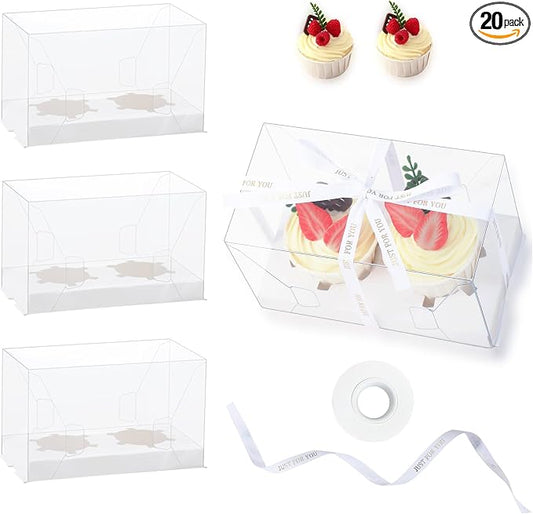 20 Packs 2 Count Clear Cupcake Boxes Cup Cake Holder Containers with Gift Ribbon Cookies Muffins Packaging for Party Baking Wedding plastic Cupcake Carrier for Treat Dessert
