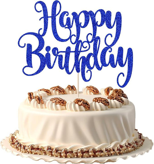 Happy Birthday Cake Topper- Glitter Happy Birthday Cake Decor, Handmade Anniversary/Birthday Party Supplies (Deep blue)