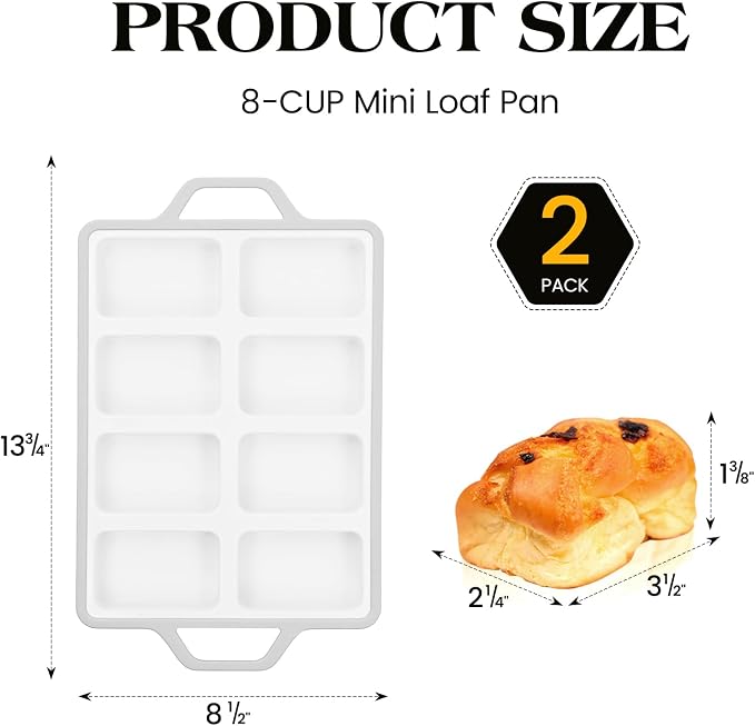 Vinino 2 Pack 8-Cavity Mini Silicone Loaf Pans Gray for Savory Meal Prep | 16 Cavities Mini Loaf Set, Perfect for Savory Bites, Meal Prep Portions, Baked Oatmeal & Understated Small Batch Baking