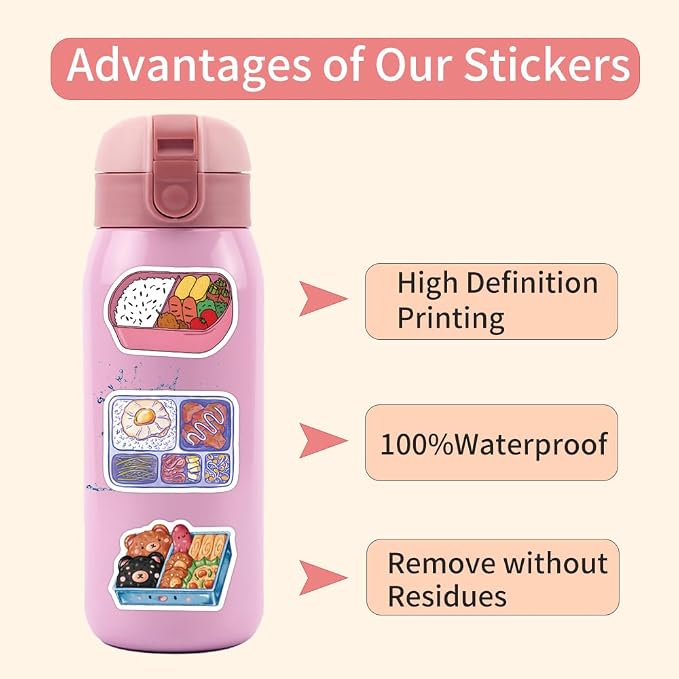 55 Pcs Cute Bento Box Stickers, Japanese Food Stickers, 2.16 Inch Waterproof Vinyl Stickers for Journals, Water Bottles, Laptops, Scrapbooking (Bento Box)