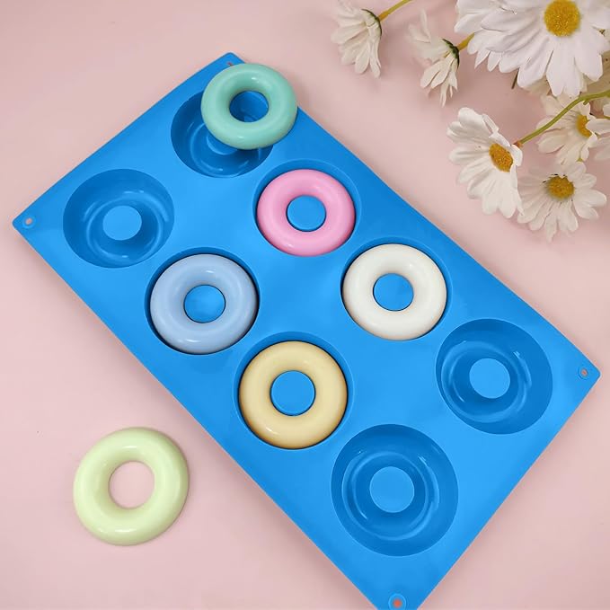 2er Pack Silicone Donut Mold - Non-Stick Silicone Doughnut Pan DIY Chocolate Baking Cookie Molds, Heat Resistant, Make Donut Cake Biscuit Bagels, BPA Free Dishwasher Safe (blue, 8 Cavities)