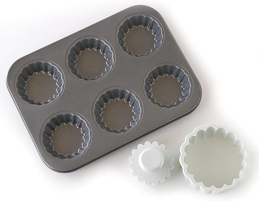 Mini Tart pan with Tart Cutting Mold, 2.75" Egg Tart Molds 6-cavity Non Stick Fluted Mini Tart Mould, Reusable Quiche Bakeware Carbon Steel for Pies, Quiche, Cheese Cakes, Desserts