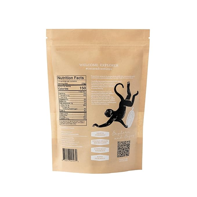 Cacao Adventures Raw Whole Cacao Beans, Awajun-Farmed Peru, 1 lb