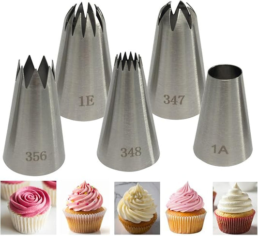 Large Piping Tips Set, Cake Decoration Tools | 5 Pieces Stainless Steel Cookie Decorating Kit, Pastry Nozzles, Frosting Icing Tips, 1A 1E 347 348 356, Baking Cupcake