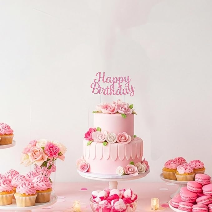 BEISHIDA Pink happy birthday Cake Topper, Happy Birthday Cake Bunting Decor,Birthday Party Decoration Supplies，Photo Booth Props