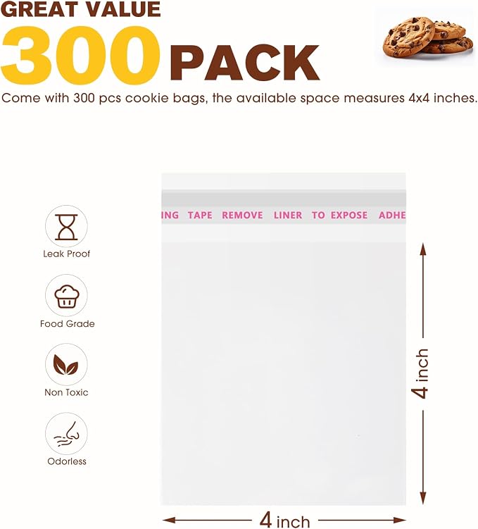 300 Pcs Cookie Bags with Seal, 4x4 Inches Self Sealing Cellophane Bags, Clear Cookie Bag Resealable Treat Bags for Packaging Cookies, Candy, Gifts, Favors, 3 Mils Individual Self Adhesive Wrappers