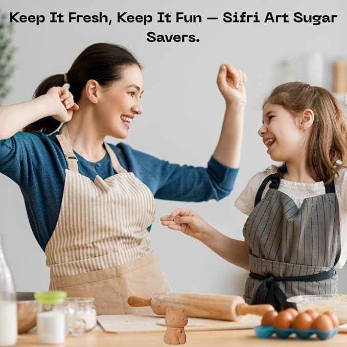 Sifri 3D Brown Sugar Keeper 2-in-1 Set – Terracotta Clay Cat & Spoon Saver Softener – Cute Kitchen Storage & Freshness Holder for Sugar – Gift for Bakers (1, Cat and Spoon)