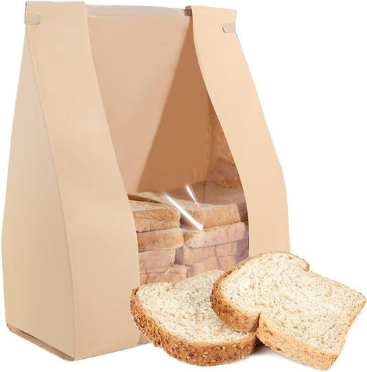 50 Pack Bakery Bags with Window, 13.8 x 9.4 Inch Large Paper Bread Bags for Homemade Bread, Tin Tie Tab Lock Brown Window Bag for Toast, Cookie, Loaf, Candy, Nuts