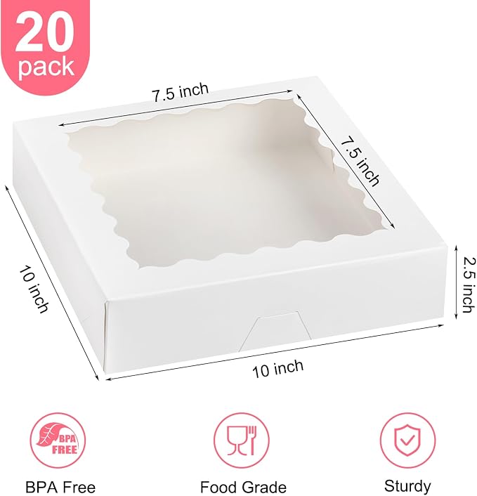 Kucoele Pie Boxes with Window, 10 x 10 x 2.5 Inches, 20 PCS, White | Auto-Popup, Bakery Boxes, Cookie Boxes, Treat Boxes, For Chocolate Strawberries, Pastries, Muffins, Donuts