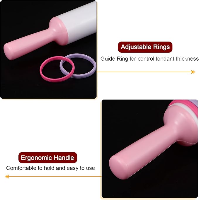 HARFINGTON Fondant Rolling Pin 14.57" x 1.57" Adjustable Guide Non-Stick Flat Pattern with Handle PP Plastic Fondant Roller Dough Roller Rolling Pins for Baking Cookie Pastry Clay