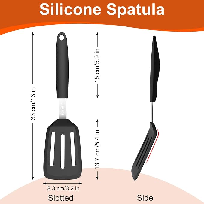 Silicone Slotted Spatula, 13 x 3.2 In, 600°F Heat Resistant (Black) | Flexible Turner, BPA Free, Non Scratch for Non Stick Frying Pan, Kitchen Cooking, Flipping, Dishwasher Safe