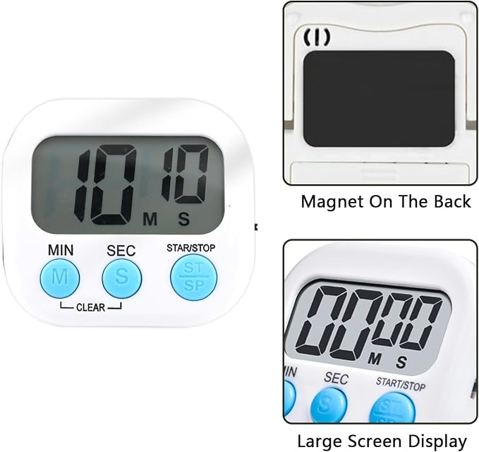 Small Digital Timer for Kitchen Cooking Baking Sports Office Meeting Multi-Function Count Up Countdown Magnetic Backing and ON/Off Switch Desk Electronic Timer (White)