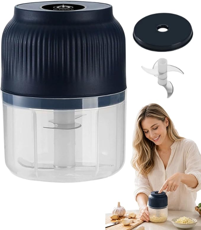 Household Electric Garlic Crusher, Mini Cordless Food Chopper，Blue：300ML | USB Rechargeable Vegetable Dicer for Ginger, Chili, Nuts, Waterproof & Whisper-Quiet Prep Tool