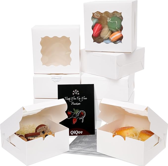 Bakepacker 100pcs White Bakery Boxes with Window 6x6x3 inches Thick & Sturdy Macaroon Pastry & Cookie Boxes