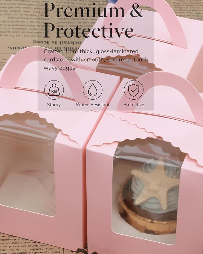 Bakepacker Individual Cupcake Boxes with Window 100 Count Pink Single Cupcakes Box 3.6"X3.6"X4.3" Cupcake Carrier