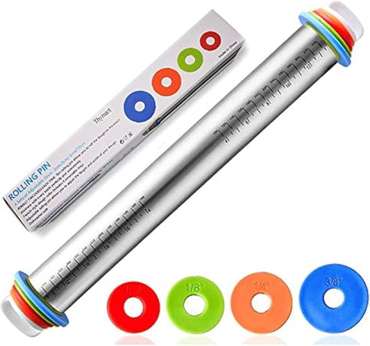 Stainless Steel Rolling Pin for Pizza, Burger Dough Roll - Baking Roller - With Thickness Controller. Adjustable Rolling Pin with Removable Rings 17"