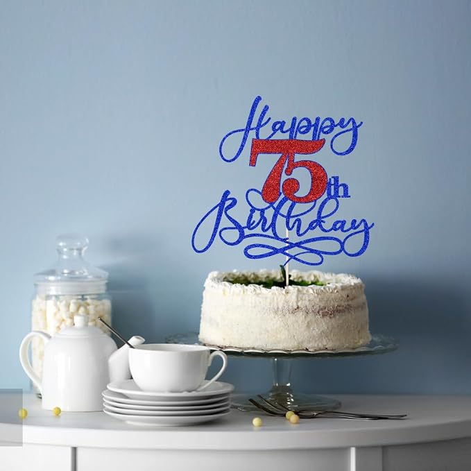 Happy 75th Birthday Cake Topper,Black font Golden Numbers 75th Birthday Cake Decoration，Hello 75, Cheers to 75 Years/75th Anniversary,75& Fabulous Party Decoration