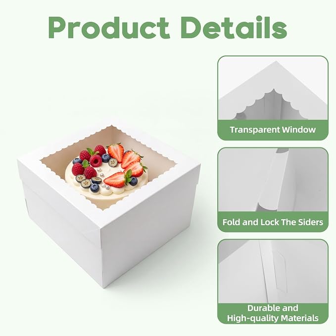 ZBEIVAN 15 Pack Cake Boxes 12x12x8 Inches White Bakery Boxes with Window, Large Square Cardboard Cake Carriers for Cakes