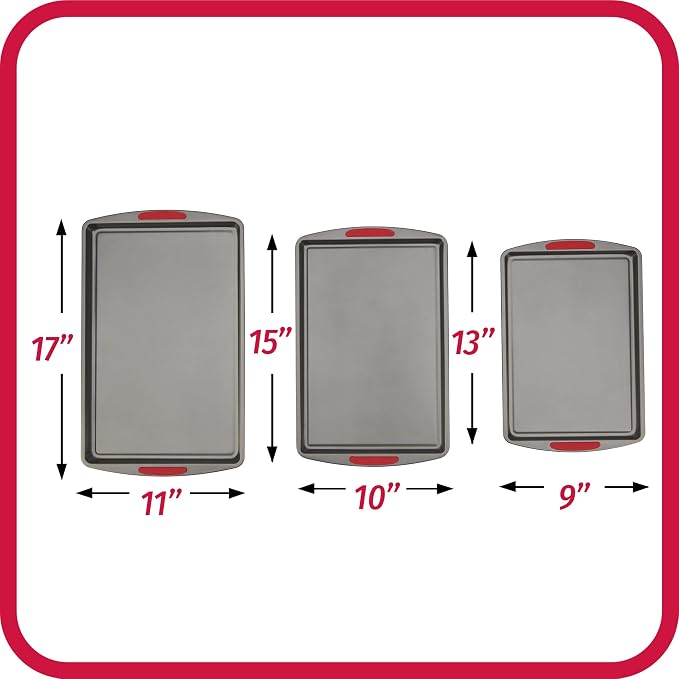 GoodCook MegaGrip Set of 3 Nonstick Steel Multipurpose Cookie Sheets with Silicone Grip Handles, Gray